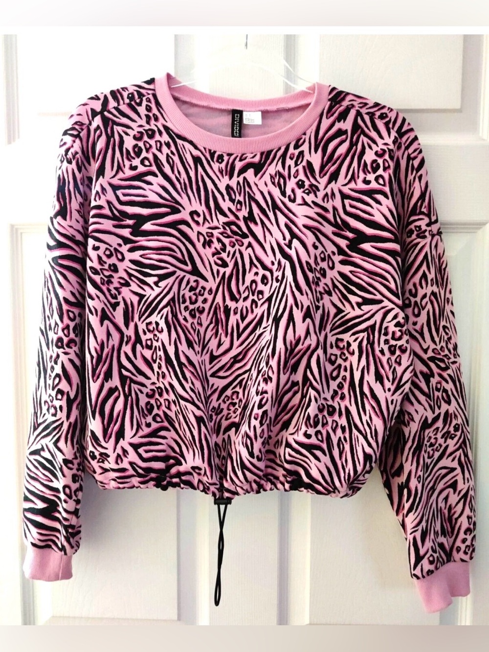 H&M Pink and Black Animal Print Drawstring Sweatshirt S